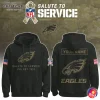 Front and back view of the Philadelphia Eagles Salute To Service hoodie with custom name option, American flag, and NFL patches.