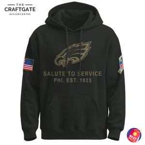 Front of the dark green Philadelphia Eagles Salute To Service hoodie featuring the team logo, EST. 1933 text, and sleeve patches.
