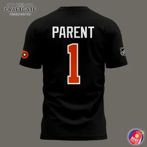 Back of the black Bernie Parent t-shirt featuring his last name "PARENT" and his jersey number "1" in orange and white.