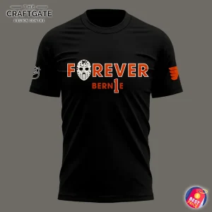 Front of the black Bernie Parent t-shirt with "FOREVER BERNIE" text, a goalie mask graphic, and Flyers sleeve logo.