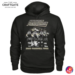 Black pullover hoodie for the Pittsburgh Penguins 2025 Farewell Tour, showing Crosby, Fleury, Letang, and Malkin on the front.