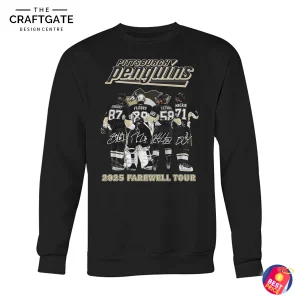 A black crewneck sweatshirt celebrating the Pittsburgh Penguins 2025 Farewell Tour with player graphics and signatures.