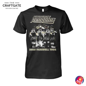 Front view of a black t-shirt for the Pittsburgh Penguins 2025 Farewell Tour, featuring Crosby, Fleury, Letang, and Malkin.