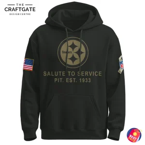 Close-up of the front of the black Pittsburgh Steelers Salute to Service hoodie, showing the team logo and military-style text.