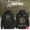 Front and back view of the Pittsburgh Steelers Salute To Service hoodie with team logo, US flag, and customizable name option.