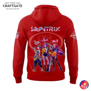 The back of the red 49ers x KPop Demon Hunters hoodie with a large graphic of the KPop group and the word 'HUNTRIX' above it.