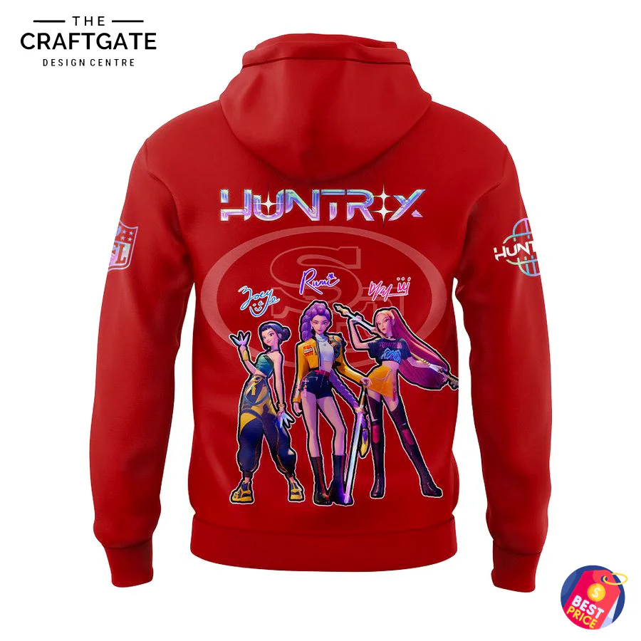 Back View of the 49ers x KPop Demon Hunters Red Hoodie The back of the red 49ers x KPop Demon Hunters hoodie with a large graphic of the KPop group and the word 'HUNTRIX' above it.