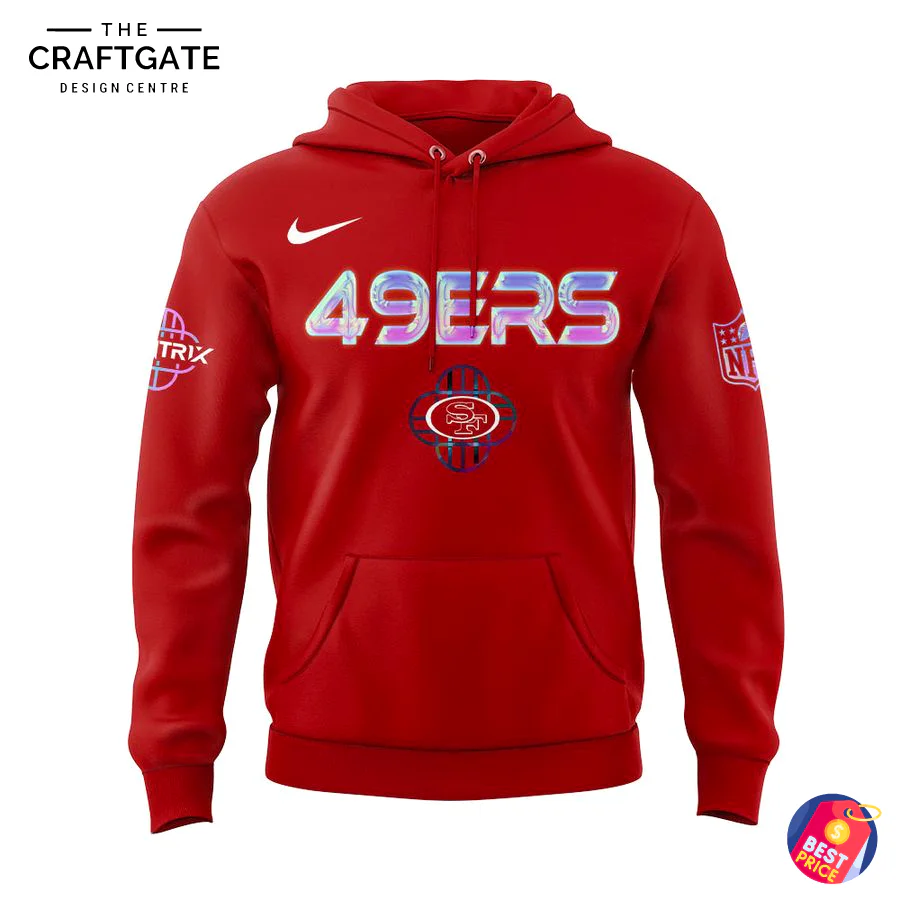 Front View of the 49ers x KPop Demon Hunters Red Hoodie The front of the red 49ers x KPop Demon Hunters hoodie featuring holographic '49ERS' text, the team logo, and sleeve patches.