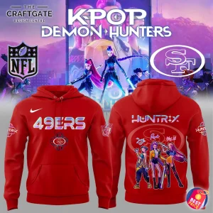 A red San Francisco 49ers hoodie showing the front with the 49ers logo and the back with a KPop Demon Hunters group graphic.
