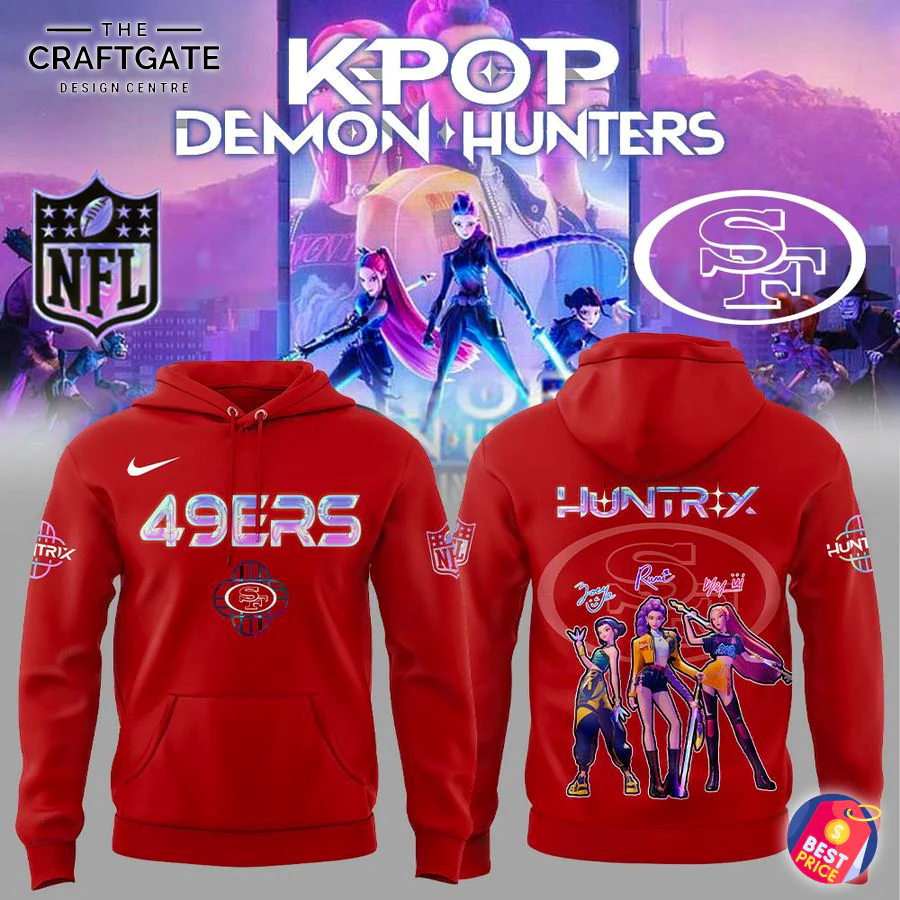 San Francisco 49ers x KPop Demon Hunters Red Hoodie - Front and Back View A red San Francisco 49ers hoodie showing the front with the 49ers logo and the back with a KPop Demon Hunters group graphic.