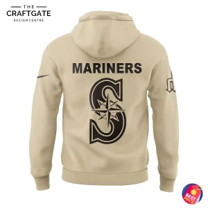 Back view of the tan hoodie showcasing the word MARINERS and the large Seattle Mariners S compass logo in black.