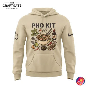Front view of the tan pullover hoodie featuring a large graphic of a bowl of pho with ingredients and the text PHO KIT on the chest.