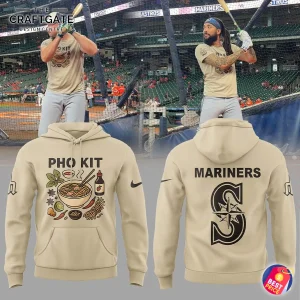 A collage showing Mariners players in the Pho Kit design during batting practice, with front and back views of the tan hoodie below.