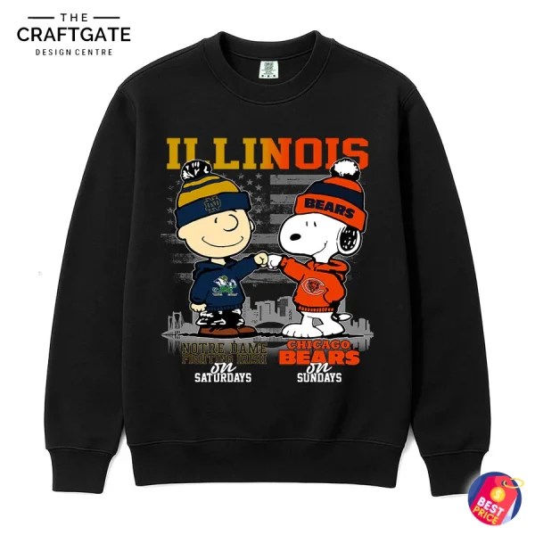 A black sweatshirt featuring a graphic of Snoopy for the Chicago Bears and Charlie Brown for the Notre Dame Fighting Irish.