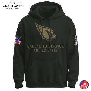 Close-up of the front of a black St. Louis Cardinals hoodie with the Salute To Service logo and an American flag on the sleeve.