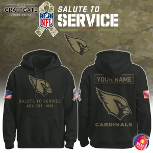 Mockup showing the front and back of the St. Louis Cardinals Salute To Service hoodie in black with military-style graphics.