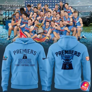 Sturt FC players celebrating 2025 premiership with blue hoodie front and back view