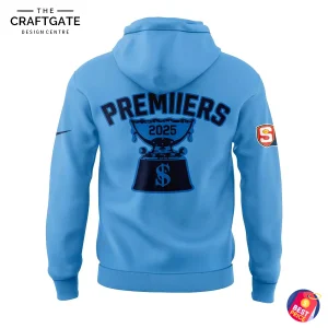 Back view of Sturt FC 2025 League Premiers blue hoodie with large trophy logo