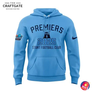 Front view of Sturt FC 2025 League Premiers blue hoodie with trophy print