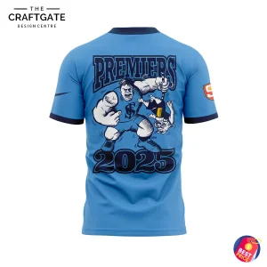 Back of the Sturt FC 2025 Premiers shirt, featuring a large cartoon graphic and the text "Premiers 2025".