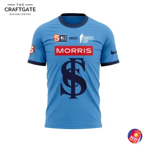 Front of the light blue Sturt Football Club 2025 Premiers shirt, showing the club's dollar sign logo and sponsor logos.