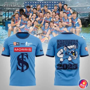 Front and back of the Sturt FC Premiers 2025 Champions Shirt, shown over a photo of the team celebrating their victory.