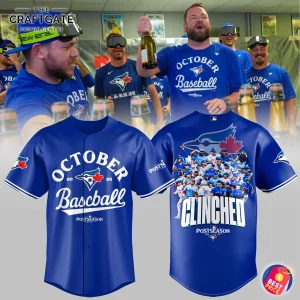 Toronto Blue Jays October Baseball Clinched 2025 blue postseason jersey front and back view