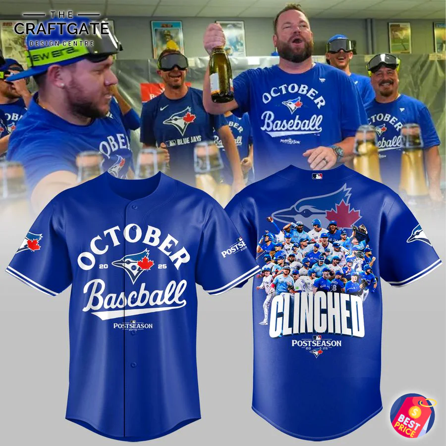 Toronto Blue Jays October Baseball Clinched 2025 Jersey Toronto Blue Jays October Baseball Clinched 2025 blue postseason jersey front and back view