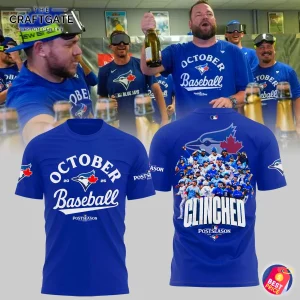 Toronto Blue Jays October Baseball Clinched 2025 blue postseason T-shirt front and back view
