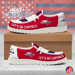 A pair of Washington Capitals loafer shoes in red and white, displaying the side view with "LET'S GO CAPITALS" text and team logo.