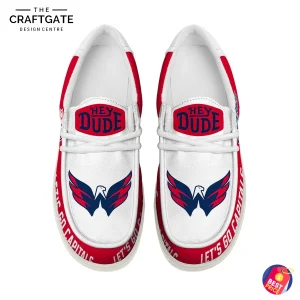 Top-down view of a pair of Washington Capitals loafer shoes, highlighting the iconic eagle logo on the white toe box of each shoe.