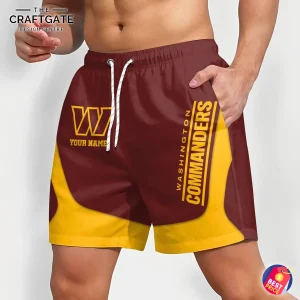Angled view of the Washington Commanders custom shorts showing the team name down the side and the personalized name option on the thigh.