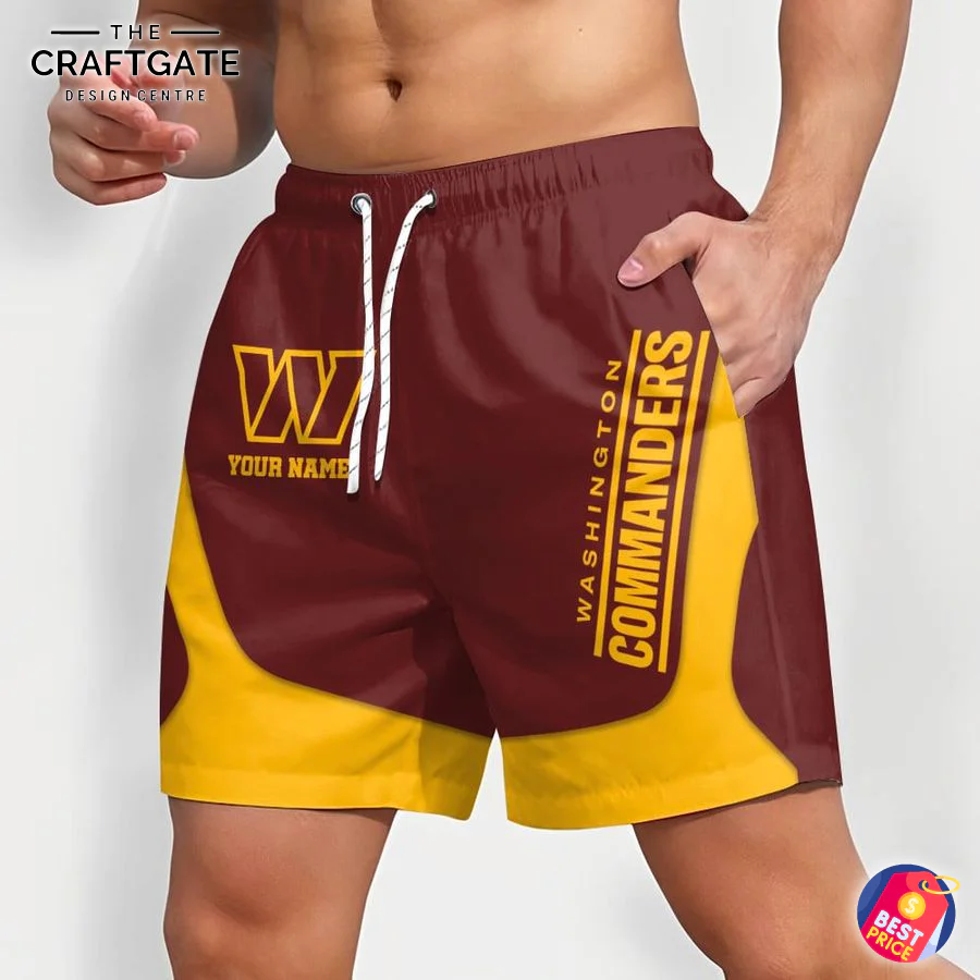 Personalized Washington Commanders Shorts - Angled Side View Angled view of the Washington Commanders custom shorts showing the team name down the side and the personalized name option on the thigh.