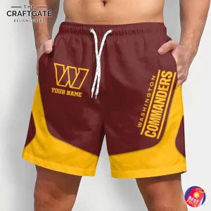 Front view of a man wearing custom Washington Commanders shorts in maroon and gold with the team logo and a space for a custom name.