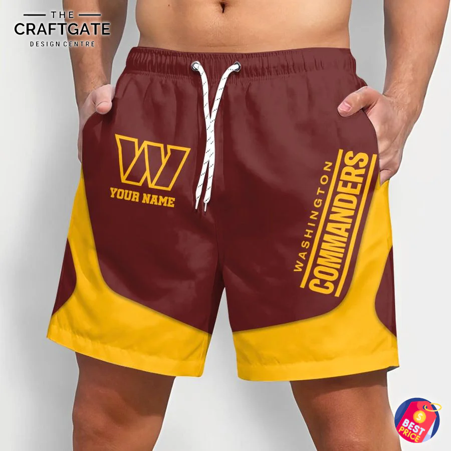 Custom Washington Commanders NFL Shorts with Personalized Name Front view of a man wearing custom Washington Commanders shorts in maroon and gold with the team logo and a space for a custom name.