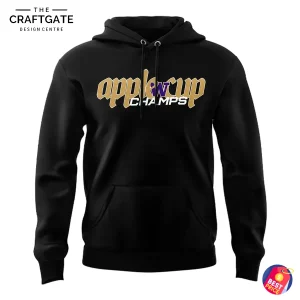 Front of the black Washington Huskies Apple Cup 2025 Champs hoodie featuring "apple cup CHAMPS" text in gold, purple, and white.