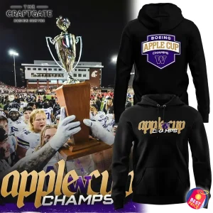 Promotional image of the Washington Huskies Apple Cup 2025 Champs hoodie, showing players celebrating and the hoodie's designs.