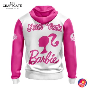 Back of the Women New York Sirens Pink Hoodie, showing the New York Barbie design with a ponytail silhouette in pink.