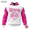 Front of the Women New York Sirens Pink Hoodie, featuring a white body, pink sleeves, and the Sirens logo in pink on the chest.