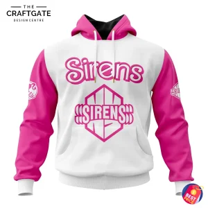 Front of the Women New York Sirens Pink Hoodie, featuring a white body, pink sleeves, and the Sirens logo in pink on the chest.