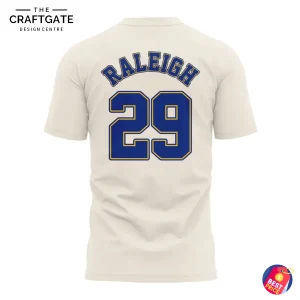 Back of the off-white Cal Raleigh MVP t-shirt showing his name and number 29 in blue and gold lettering.