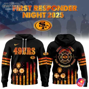Front and back view of black San Francisco 49ers First Responder Night 2025 hoodie with 49ers logos on chest and sleeve, large firefighter department crest on back, American flag stripes and distressed orange/gold accents