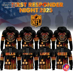 Group display of black "First Responder Night 2025" hoodies showing front and back views with firefighter crest, NFL shield background, American flag stripe graphics and orange/gold flame accents featuring team names like Bills, Eagles, Lions and 49ers