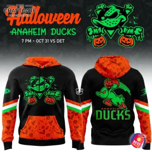 Promotional image showing the front and back of the Limited Edition Anaheim Ducks 2025 Halloween Hoodie.