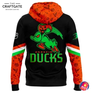Back view of the Anaheim Ducks Halloween hoodie showing a flying duck with a pumpkin and the orange patterned hood.