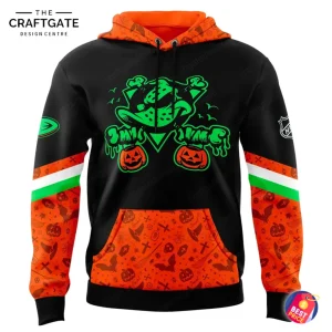 Front view of the Anaheim Ducks Halloween hoodie featuring a spooky duck mascot with jack-o'-lanterns and orange patterned sleeves.