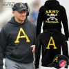 Collage of Coach Jeff Monken wearing the black Army hoodie, with product shots of the front, back, and a matching cap.