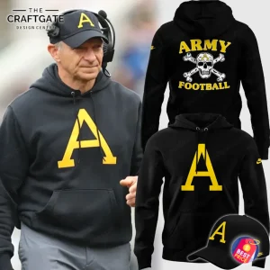 Collage of Coach Jeff Monken wearing the black Army hoodie, with product shots of the front, back, and a matching cap.