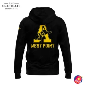 Back of the black hoodie with a yellow graphic featuring a skull over the 'A' logo and the words 'WEST POINT' printed below.