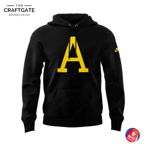 Front of the black pullover hoodie featuring a large yellow Army 'A' logo on the chest and a front pouch pocket.